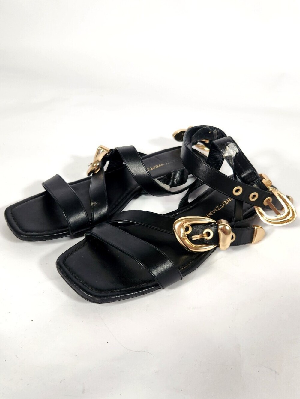 Stuart Weitzman Black Leather Strappy Sandals Gold Buckles